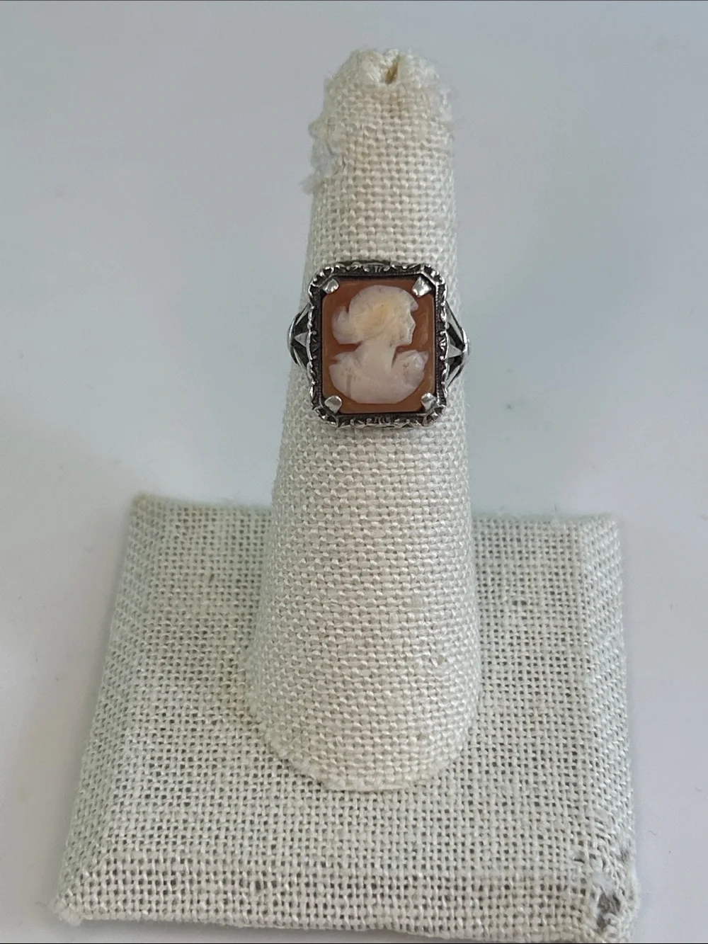Sterling Silver Carved Shell Cameo Statement Ring | Size 5.25 | Art Deco Style